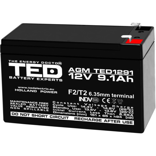 Acumulator 12V Stationar VRLA, Dimensiuni 151 x 65 x 95 mm, Baterie 12V 9.1Ah F2, TED Electric TED003263