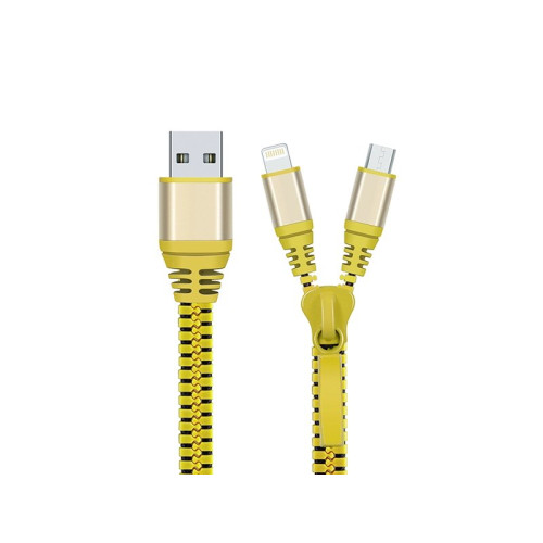 Cablu 2in1 microusb/Iphone tip fermoar galben