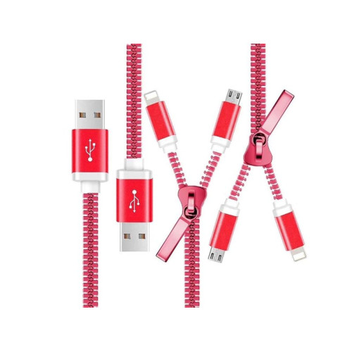 Cablu 2in1 microusb/Iphone tip fermoar rosu