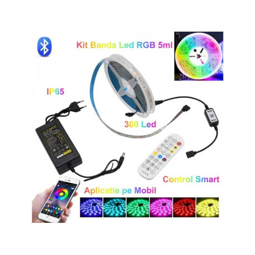 Kit banda led RGB 5050 cu bluetooth si telecomanda 5M Kit banda led RGB 5050 cu bluetooth si telecomanda 5M